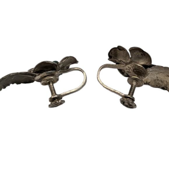 Silver and turquoise screw back flower earrings VINTAGE - Picture 4 of 8